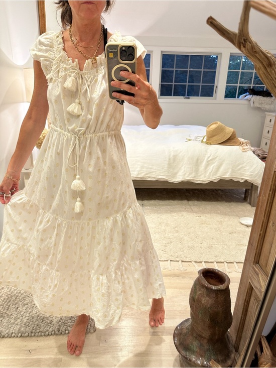 Figue Dresses & Skirts - Women’s FIGUE Cream Tassel Tiered Maxi Dress, adjustable waist Size X SMALL